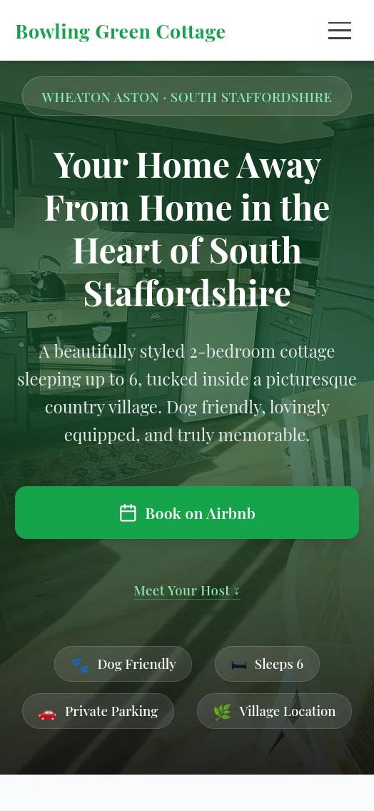Bowling Green Cottage website on mobile