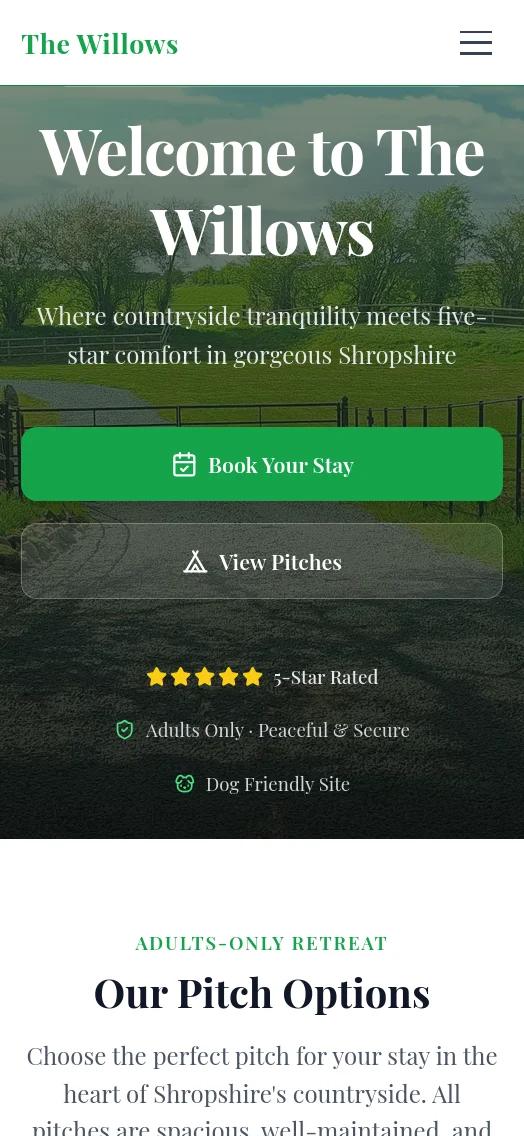 The Willows website on mobile